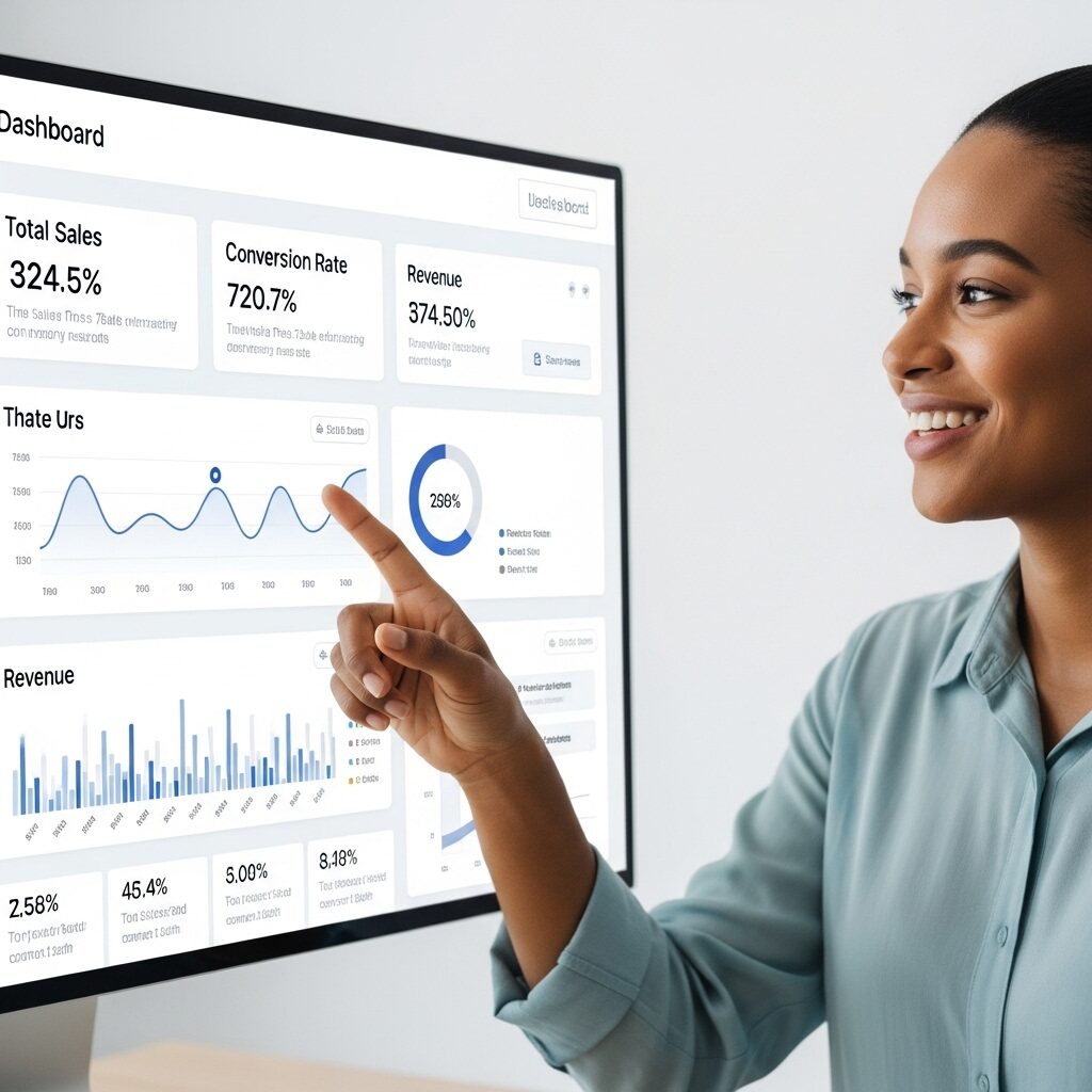 “Pessoa sorridente mostrando resultados de vendas online em dashboard, estilo minimalista.”