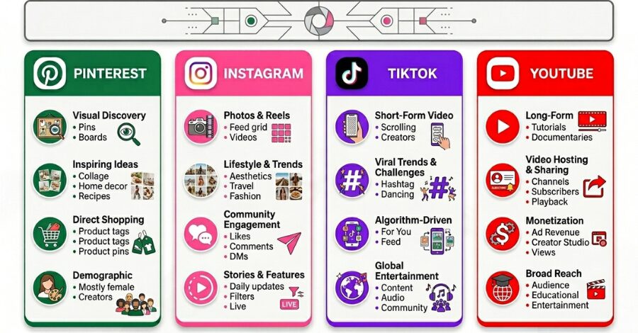 Pinterest para Afiliados: Como Gerar Tráfego Orgânico e Ganhar Comissões em 2026 1 Pinterest vs Instagram vs TikTok vs YouTube — Qual Vale Mais para Afiliados